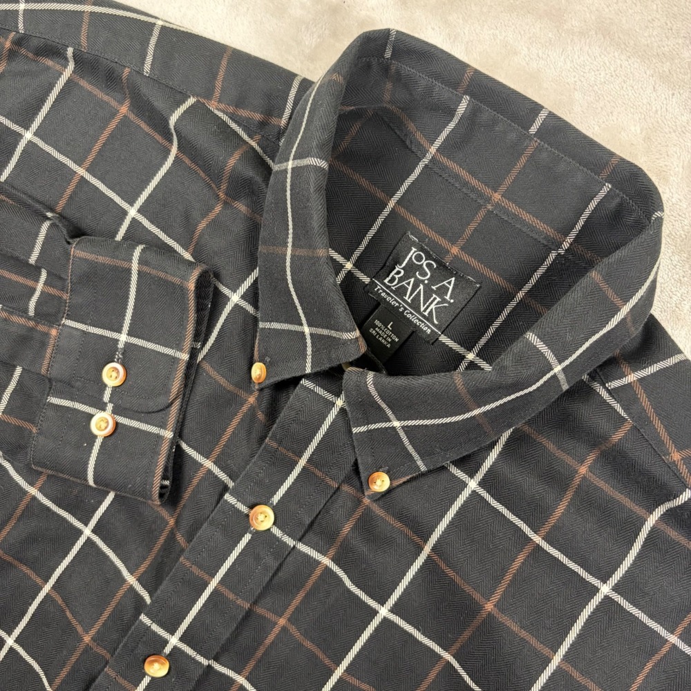 Jos A Bank Traveler Shirt Mens L Black Brown Windowpane Grid Herringbone Weave